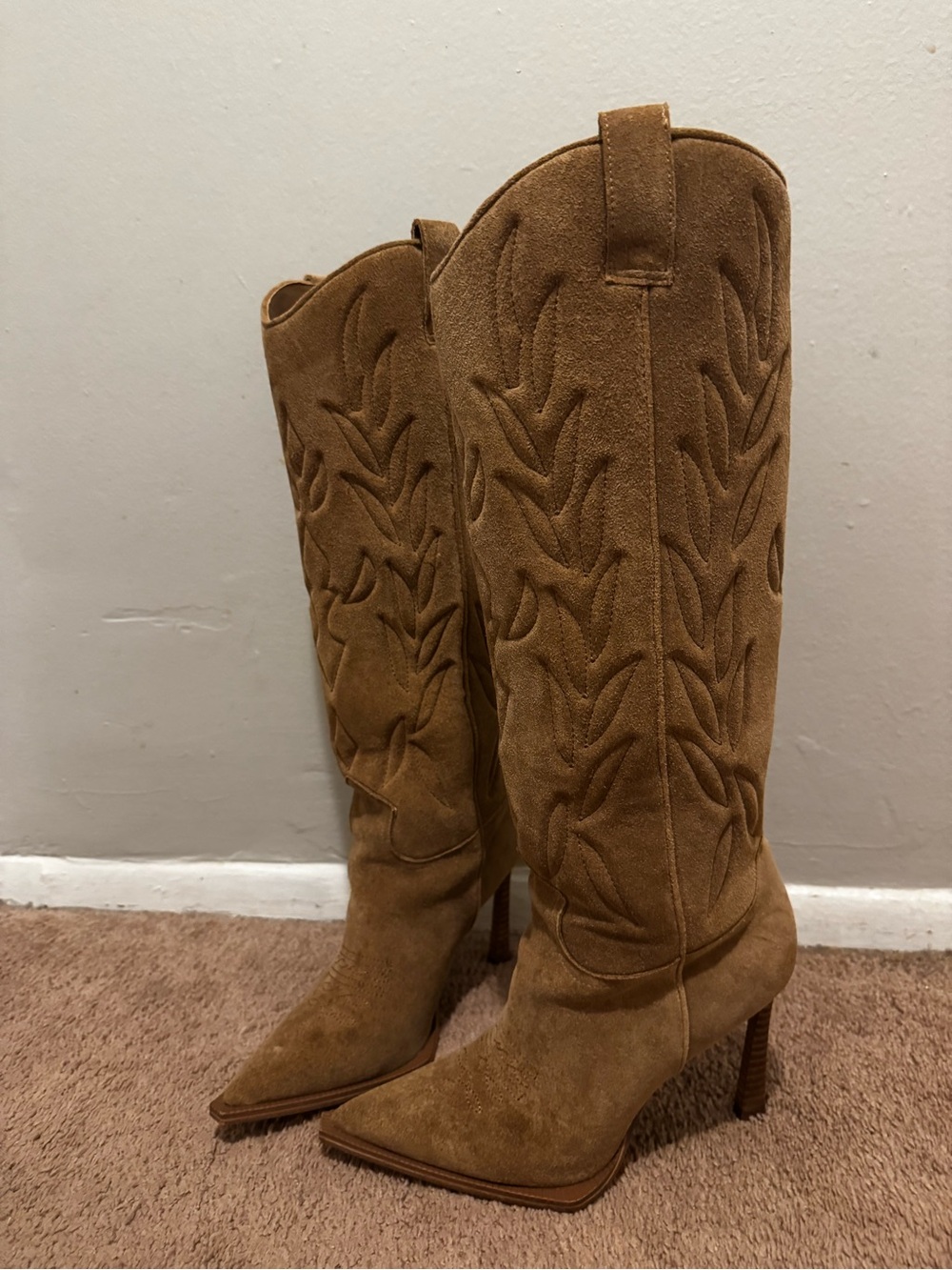 Steve Madden Tan Suede Embroidered Knee-High Heeled Boots
